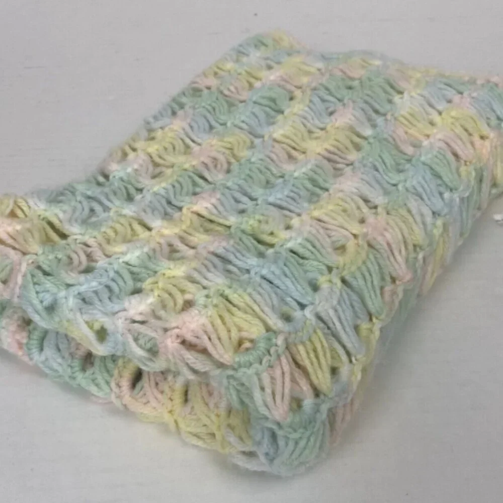 Vintage Crochet Baby Blanket Pastel Pink Green Blue Yellow White Knit Handmade